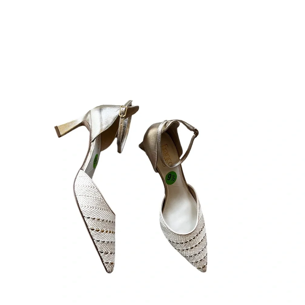 NEW Franco Sarto Taros Metallic Ankle Strap Pump SZ-9.5 White Tan